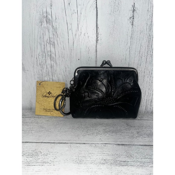 Patricia Nash Tooled Leather‎ Coin Purse Kiss Lock Closure Key Ring Black New - Picture 1 of 4